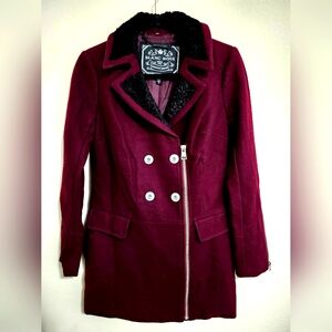 NWT BLANC NOIR PERSIAN LAMB TRIMMED WOOL CAR COAT Spanish Red S